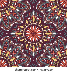 Vector seamless pattern with abstract ornament. Round mandala pattern for printing on fabric or paper. Ornamental doodle background.