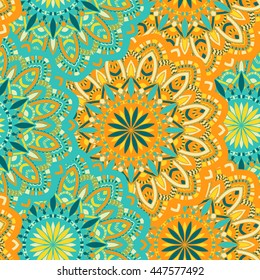 Vector seamless pattern with abstract ornament. Round mandala pattern for printing on fabric or paper. Ornamental doodle background.