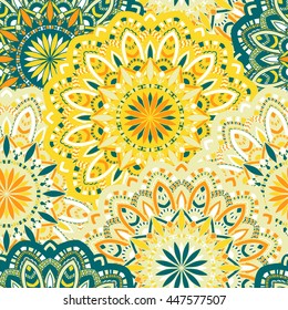 Vector seamless pattern with abstract ornament. Round mandala pattern for printing on fabric or paper. Ornamental doodle background.