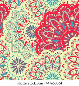 Vector seamless pattern with abstract ornament. Round mandala pattern for printing on fabric or paper. Ornamental doodle background.