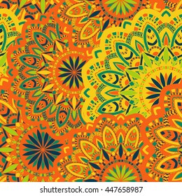 Vector seamless pattern with abstract ornament. Round mandala pattern for printing on fabric or paper. Ornamental doodle background.