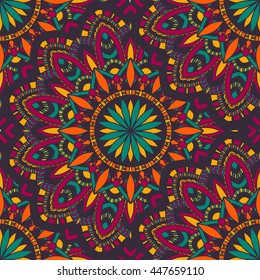 Vector seamless pattern with abstract ornament. Round mandala pattern for printing on fabric or paper. Ornamental doodle background.