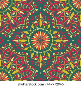 Vector seamless pattern with abstract ornament. Round mandala pattern for printing on fabric or paper. Ornamental doodle background.