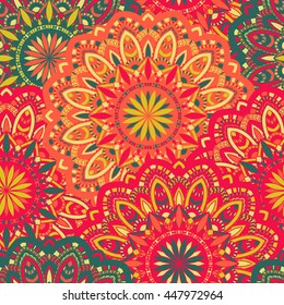Vector seamless pattern with abstract ornament. Round mandala pattern for printing on fabric or paper. Ornamental doodle background.