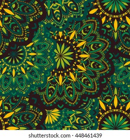Vector seamless pattern with abstract ornament. Round mandala pattern for printing on fabric or paper. Ornamental doodle background.