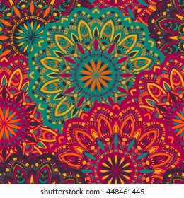 Vector seamless pattern with abstract ornament. Round mandala pattern for printing on fabric or paper. Ornamental doodle background.