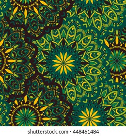 Vector seamless pattern with abstract ornament. Round mandala pattern for printing on fabric or paper. Ornamental doodle background.