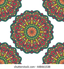 Vector seamless pattern with abstract ornament. Round mandala pattern for printing on fabric or paper. Ornamental doodle background.