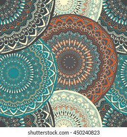 Vector seamless pattern with abstract ornament. Round mandala pattern for printing on fabric or paper. Ornamental doodle background.