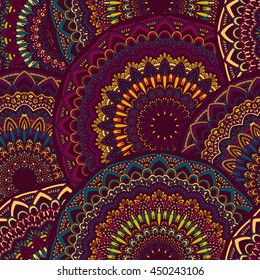 Vector seamless pattern with abstract ornament. Round mandala pattern for printing on fabric or paper. Ornamental doodle background.