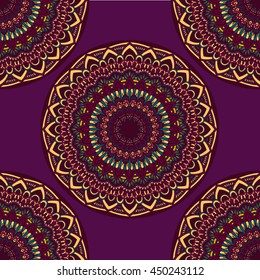 Vector seamless pattern with abstract ornament. Round mandala pattern for printing on fabric or paper. Ornamental doodle background.