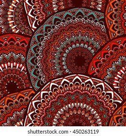 Vector seamless pattern with abstract ornament. Round mandala pattern for printing on fabric or paper. Ornamental doodle background.
