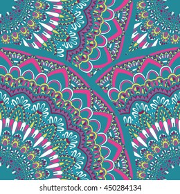 Vector seamless pattern with abstract ornament. Round mandala pattern for printing on fabric or paper. Ornamental doodle background.