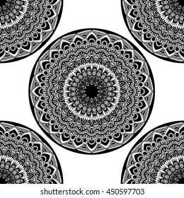 Vector seamless pattern with abstract ornament. Round mandala pattern for printing on fabric or paper. Ornamental doodle background.