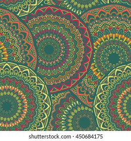 Vector seamless pattern with abstract ornament. Round mandala pattern for printing on fabric or paper. Ornamental doodle background.
