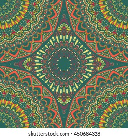 Vector seamless pattern with abstract ornament. Round mandala pattern for printing on fabric or paper. Ornamental doodle background.