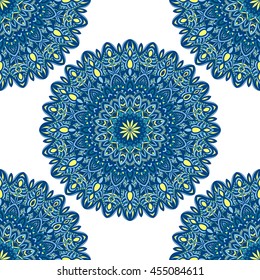 Vector seamless pattern with abstract ornament. Round mandala pattern for printing on fabric or paper. Ornamental doodle background.