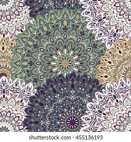 Vector seamless pattern with abstract ornament. Round mandala pattern for printing on fabric or paper. Ornamental doodle background.