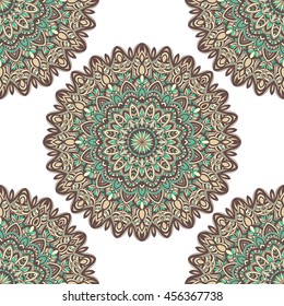 Vector seamless pattern with abstract ornament. Round mandala pattern for printing on fabric or paper. Ornamental doodle background.