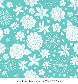 Vector seamless pattern with abstract ornamental flowers in blue and white colors