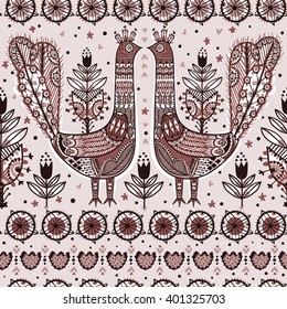  vector seamless pattern with abstract peacocks and folk ornaments