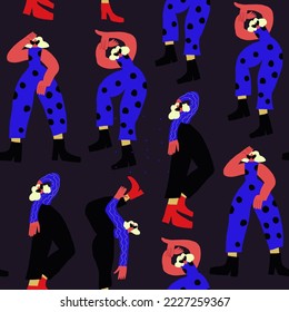 Vector seamless pattern of abstract people figures in retro style.