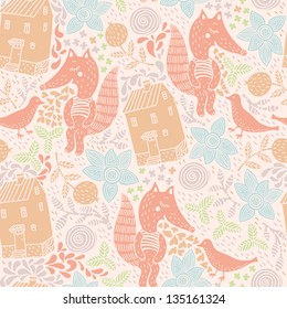 vector seamless  pattern with abstract plants, animals and Nordic houses
