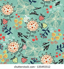 vector seamless pattern with abstract plants and birds