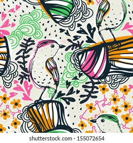 vector   seamless pattern with abstract plants and birds