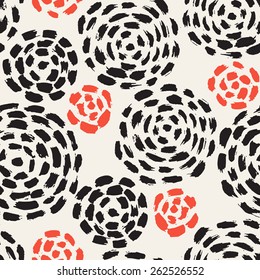 Vector seamless pattern. Abstract print with brush strokes. Hand drawn texture with red accents. Artistic tileable background with stylized rose flowers.