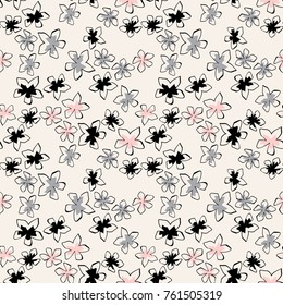 Vector seamless pattern. Abstract print with brush strokes. Monochrome hand drawn texture. Artistic tileable background with flowers.