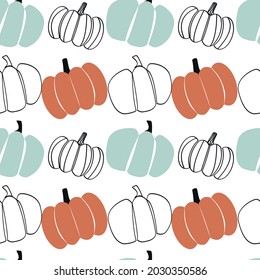 Vector seamless pattern with abstract pumpkins of different shapes, colors, silhouettes and outline on a white background.