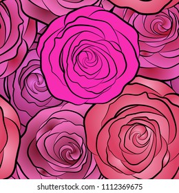 Vector seamless pattern with abstract purple, pink and magenta roses. Decorative floral background with flowers of roses.