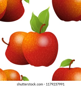 Vector seamless pattern. Abstract red apples with green leaves. Fresh fruits background, perfect for kitchen, food, drinks, juice, restaurant menu design and more