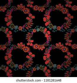 Vector seamless pattern with abstract red, green and black flowers. Background floral design for wedding, engagement, cosmetics, perfume, beauty products. Best for wrapping paper.