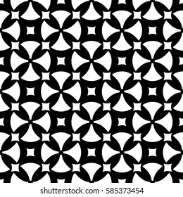 Vector seamless pattern, abstract repeat ornamental background. Simple black & white geometric figures, rounded crosses, squares. Endless monochrome texture. Design for prints, decor, textile, fabric 