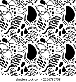 Vector seamless pattern. Abstract repetitive ornament for surface design, printing on paper and fabric. Handdrawn waves, shapes, circles, flowers, leaves, branches. Background for social media post.
