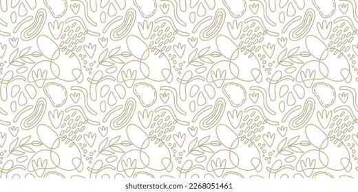 Vector seamless pattern. Abstract repetitive ornament for surface design, printing on paper and fabric. Handdrawn waves, shapes, circles, flowers, leaves, branches. Background for social media post.
