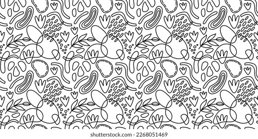 Vector seamless pattern. Abstract repetitive ornament for surface design, printing on paper and fabric. Handdrawn waves, shapes, circles, flowers, leaves, branches. Background for social media post.

