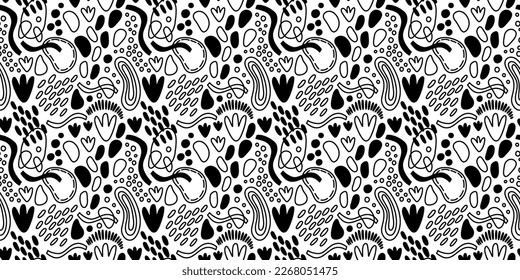 Vector seamless pattern. Abstract repetitive ornament for surface design, printing on paper and fabric. Handdrawn waves, shapes, circles, flowers, leaves, branches. Background for social media post.
