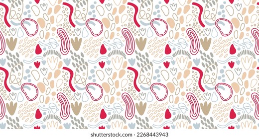 Vector seamless pattern. Abstract repetitive ornament for surface design, printing on paper and fabric. Handdrawn waves, shapes, circles, flowers, leaves, branches. Background for social media post.
