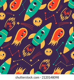 Vector seamless pattern with abstract rocket, comet, constellations and stars. Cartoon cosmic elements with face expression. Background with cute space characters. Can be used for textile, wallpaper