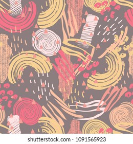 Vector seamless pattern with abstract shapes and scribbles. Creative textures. Stains of paint, ink. Artistic background. Modern design. Cover, card, fabric, wrapping, wallpaper, other interior decor