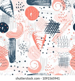 Vector seamless pattern with abstract shapes and scribbles. Creative textures. Stains of paint, ink. Artistic background. Modern design. Cover, card, fabric, wrapping, wallpaper, other interior decor