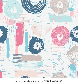 Vector seamless pattern with abstract shapes and scribbles. Creative textures. Stains of paint, ink. Artistic background. Modern design. Cover, card, fabric, wrapping, wallpaper, other interior decor