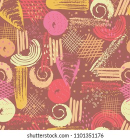 Vector seamless pattern with abstract shapes and scribbles. Creative textures. Stains of paint, ink. Artistic background. Modern design. Cover, card, fabric, wrapping, wallpaper, other interior decor