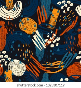 Vector seamless pattern with abstract shapes and scribbles. Creative textures. Stains of paint, ink. Artistic background. Modern design. Cover, card, fabric, wrapping, wallpaper, other interior decor