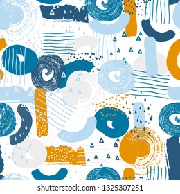 Vector seamless pattern with abstract shapes and scribbles. Creative textures. Stains of paint, ink. Artistic background. Modern design. Cover, card, fabric, wrapping, wallpaper, other interior decor