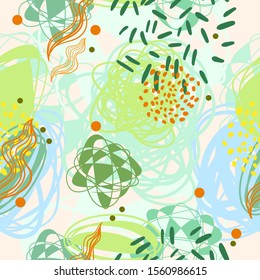 Vector seamless pattern with abstract shapes, dots, spirals and strokes. Mint background for wrapping paper, apparel, linen, souvenirs, textile.