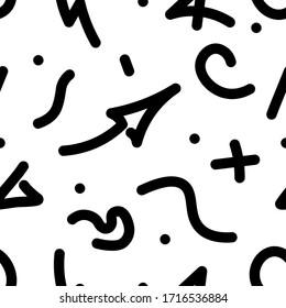 Vector seamless pattern. Abstract shapes texture on a white background. Monochrome freehand drawing, dots, circles, lightnings, waves, squares, lines, crosses, arrows. Memphis